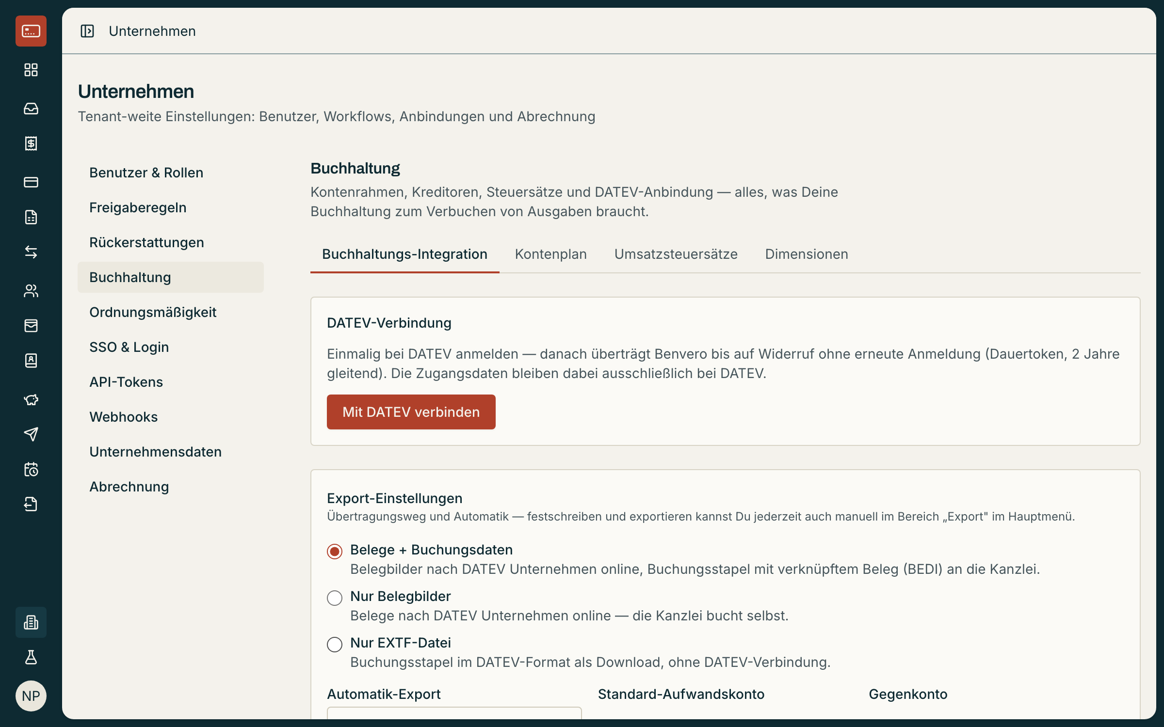 Kontenplan-Verwaltung mit DATEV-Regeln und GoBD-Hinweis: archivieren statt löschen