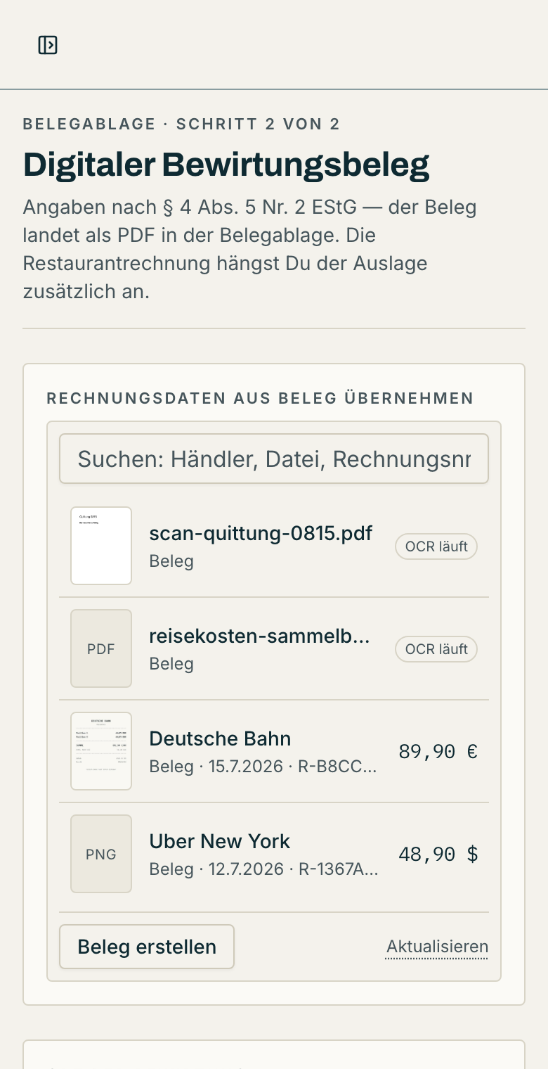 Digitaler Bewirtungsbeleg auf dem Smartphone: Formular nach § 4 Abs. 5 EStG mit Beleg-Übernahme aus der Belegablage